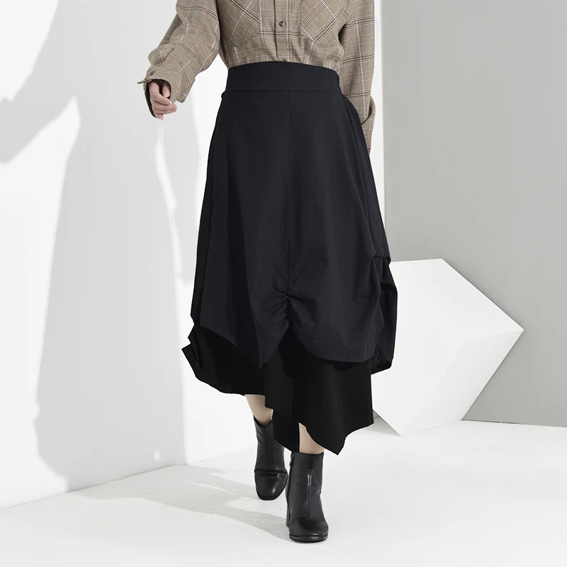 [EAM] высокая эластичная талия черная Асимметричная плиссированная темпераментная юбка средней длины женская модная новинка весна осень JU6730