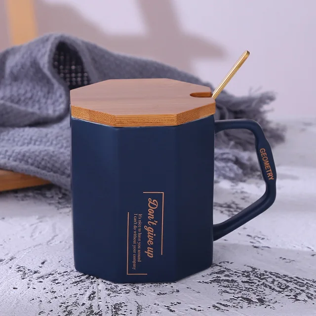 Dark blue D Простая креативная восьмиугольная керамическая кружка, Северная Европейская Алмазная кружка, креативная восьмиугольная кофейная чашка с крышкой, ложка, Подарочная чашка - Цвет: Dark blue D