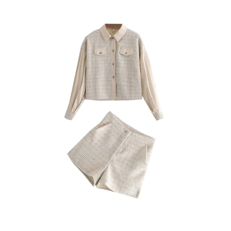 

Graceful Two-Piece Set-Style Loose-Fit Long Sleeve Short Tops + High-waisted Slimming Shorts Casual Wide-Leg Shorts