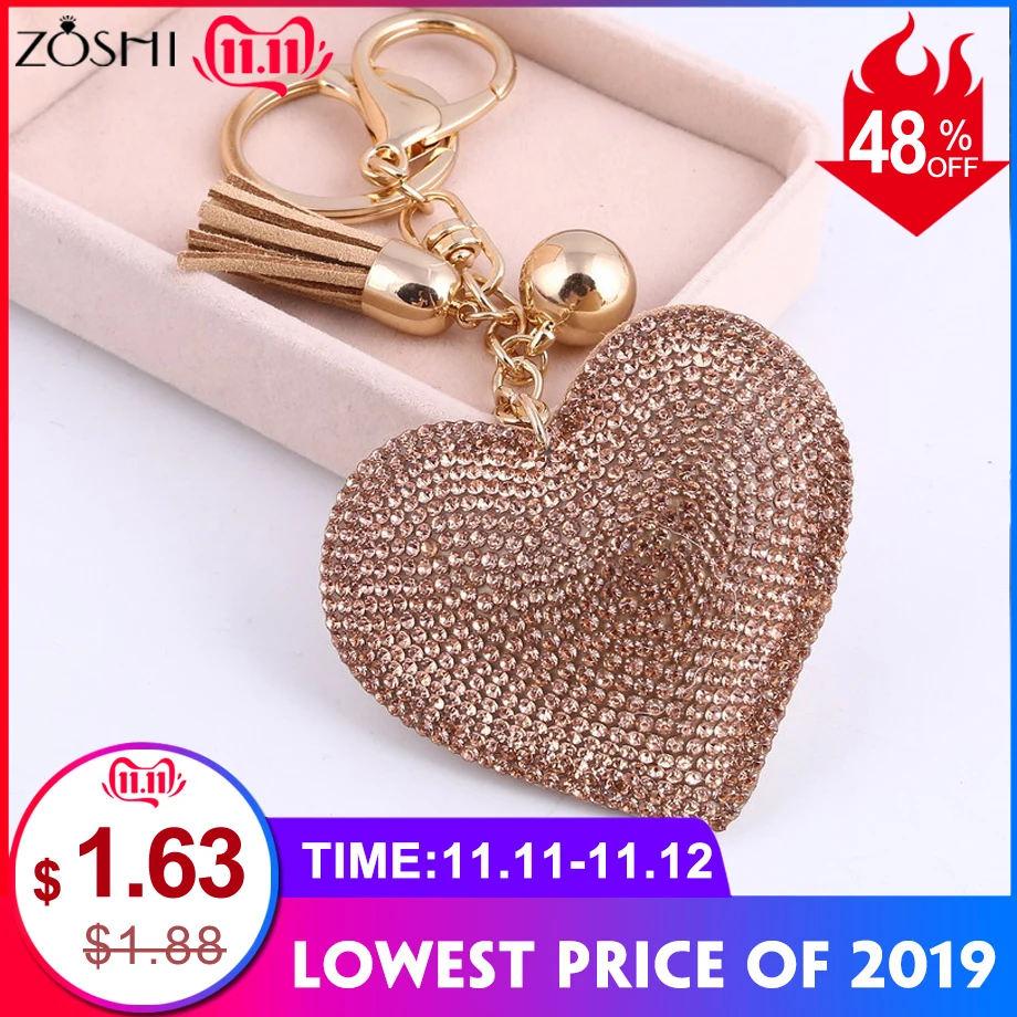 ZOSH Heart Keychain Leather Tassel Gold Key Holder Metal Crystal Key