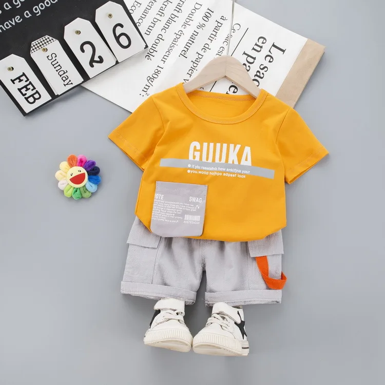 

Kids Clothing 2020 Boy Summer Clothes Toddler Boys Shorts Cotton Letter Print Pocket Short Sleeve+pants 2Pcs/set for 1-4Y Babies
