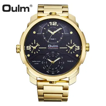 

OULM Creative Big Dial Watch Men 4 Time Zone Pilot Wristwatch Golden Mens Watches Top Brand Luxury Male Clock Steel Strap reloj