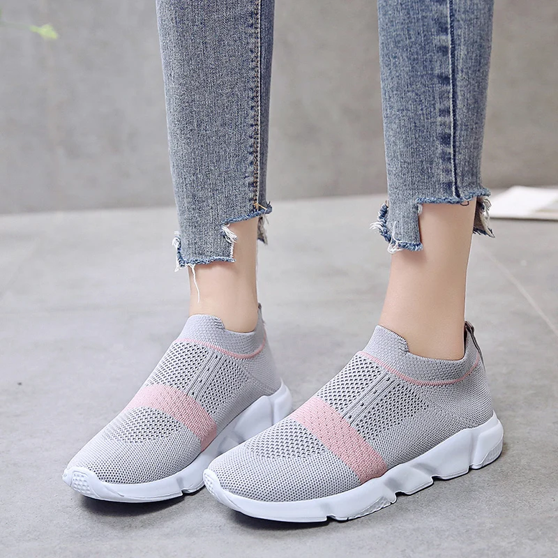 

women's elastic slip on knitting sneakers summer autumn 2019 flat heels comfortable soft sole casual shoes big size flats