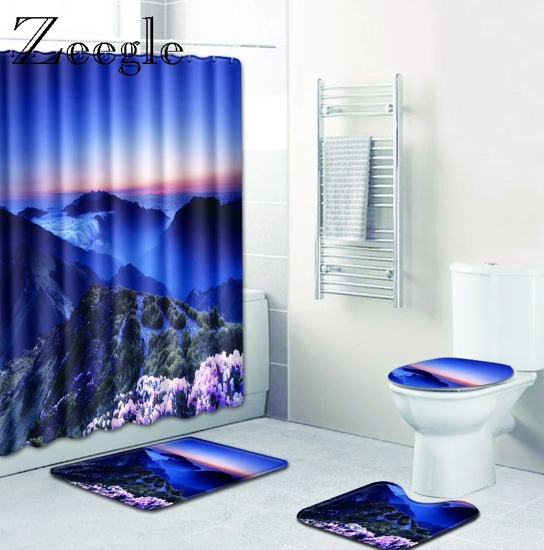 Zeegle 4pcs Bathroom Shower Curtain Anti Slip Toilet Pedestal Rug Foot Mat Waterproof Bathroom Curtain Washable Bath Toilet Set