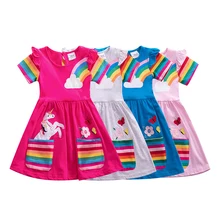 

Summer Girl Short-Sleeved Dress Rainbow Pony Cartoon Dress Printed Cotton Round Neck Dress For Girls