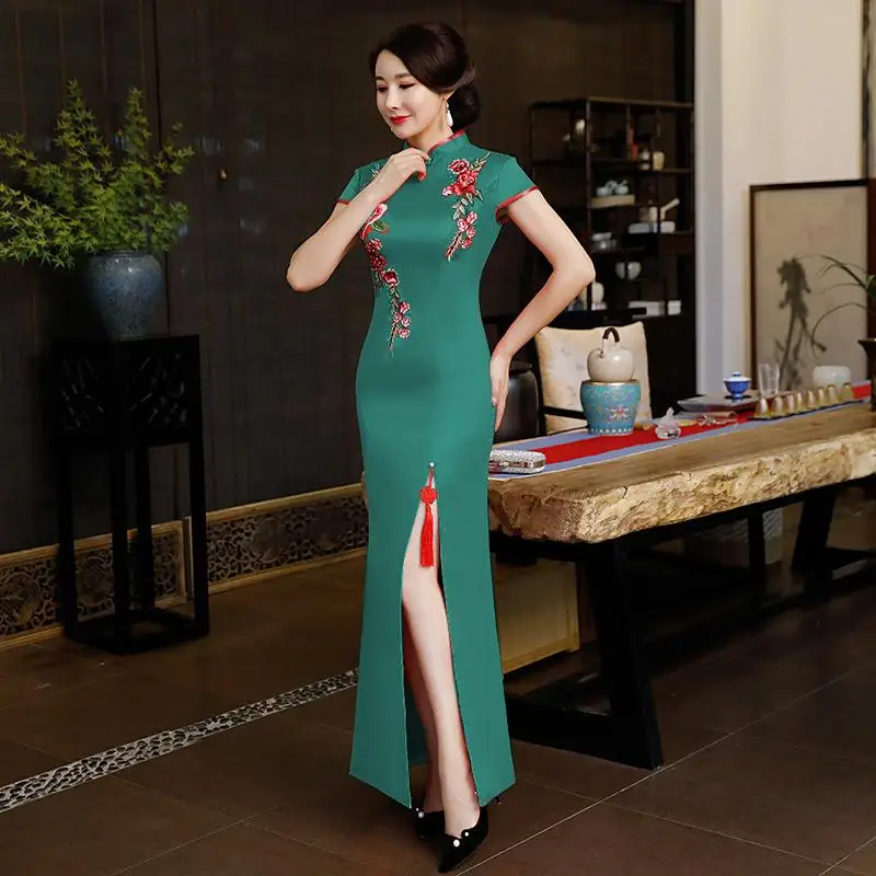Пикантные Женские Длинные Cheongsam цветок Традиционный китайский стиль короткий рукав платье Весна Лето Qipao тонкие Вечерние платья Vestido - Цвет: Зеленый