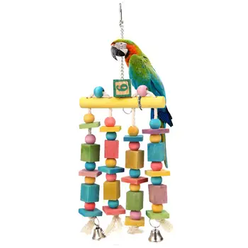 

Funny Parrot Toy Bird Toy Cage Colorful Wooden Hanging Bell Tinkling Bell Swing Chewing Toy Training Parrot Stand Bird Supplies