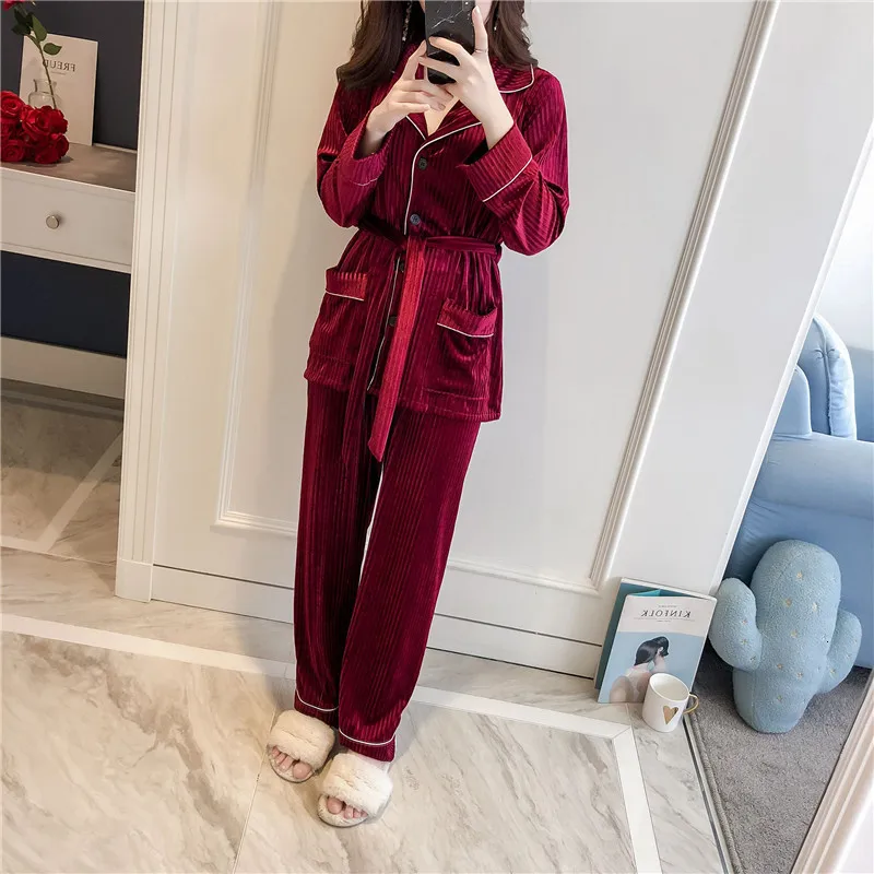 Winter New Gold Velvet Women Pajama Set Thicken Keep Warm Pyjamas Set With Belt Slim Sleepwear