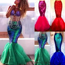 Women Adult Sequin Princess Mermaid Tail Full Skirt Party Maxi Fancy Skirts Halloween Cosplay Costume Trumpet Mermaid Red Rose