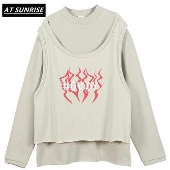 

Fake Two Print Fleece Hooded Sweatshirts Hoodies 2020 Mens Hipster Hip Hop Sweatshirts Streetwear Punk Rock Casual Beige Tops