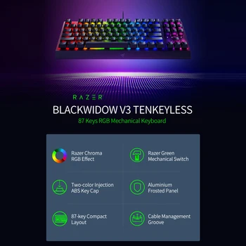 

Razer BlackWidow V3 Tenkeyless Wired Gaming Keyboard 87 Keys RGB Mechanical Keyboard with Razer Green Mechanical Switches