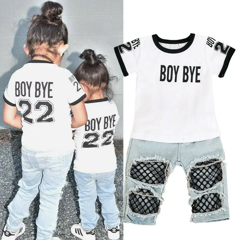 2 pieces Trendy &quotBoy Bye&quot Print Short-Sleeve T-shirt and Fishnet Frayed Denim Shorts Set for Baby Toddler Girl | Детская одежда