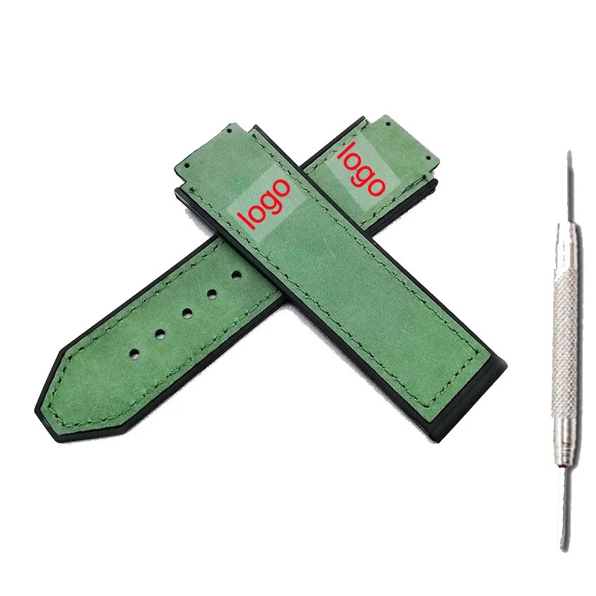 green with tool Кожаный+ резиновый ремешок мужские часы аксессуары 22 мм Пряжка резиновый ремешок для часов HUBLOT серии 19 мм x 25 мм водонепроницаемый браслет wa - Цвет ремешка: green with tool