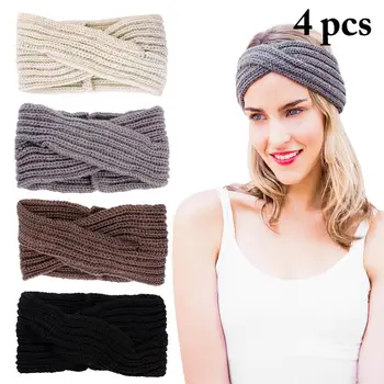 

4pcs Winter Warmer Ear Knitted Headband Turban For Lady Women Crochet Bow Wide Stretch Hairband Headwrap Hair Accessories