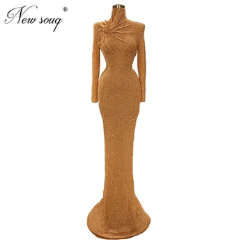 

Saudi Arabic Gold Glitter Party Dress Vestidos Custom Made 2020 kaftans Long Prom Dresses Middle East Evening Dresses Formal New