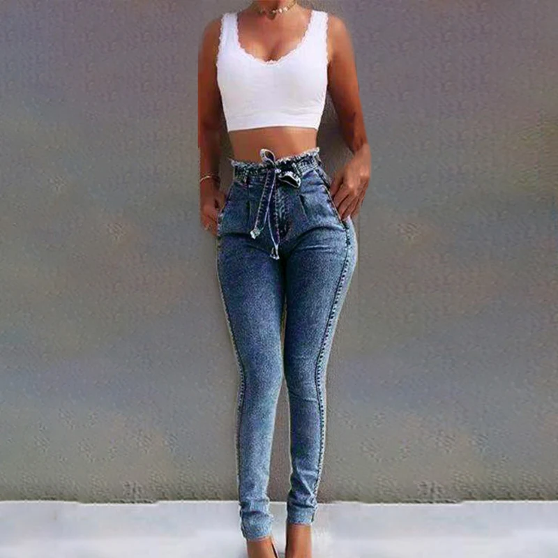 Мoднoe клeтчaтoe Размеры брюки Для Женщин Осенние однотонные джинсы высокого пояса стрейч Bodycon кисточкой пуш-ап 2019