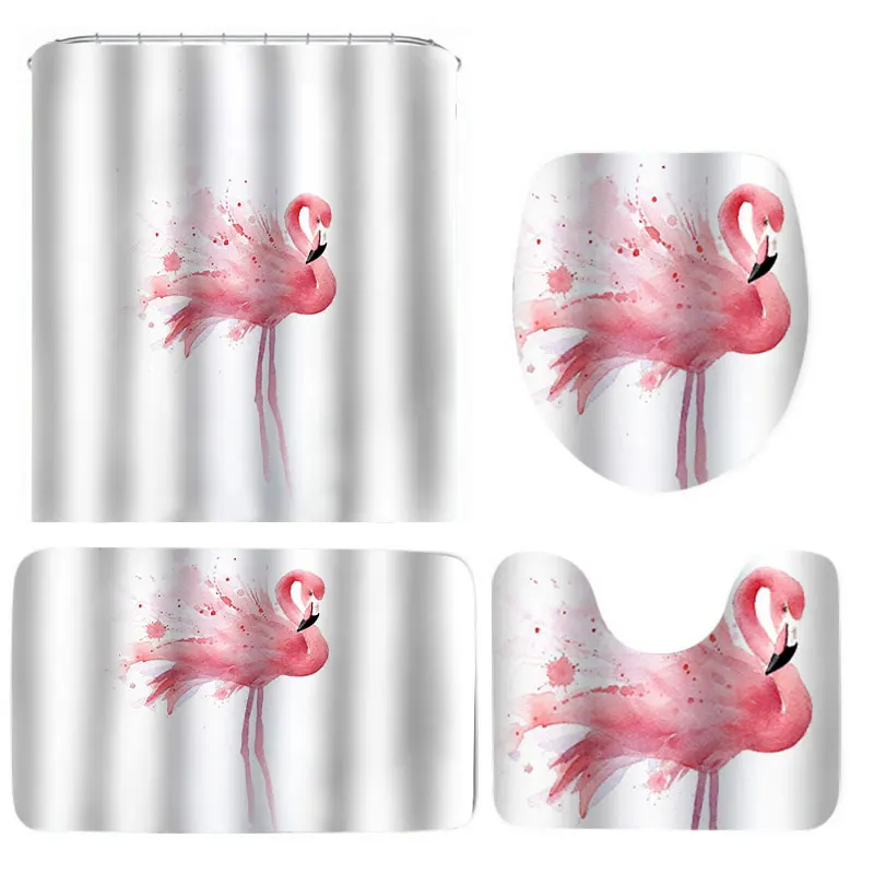 Nordic Pictures Polyester Flamingo Waterproof Bathroom Shower Curtain Toilet Cover Bath Mat Non-Slip Rug Set with 12 pcs Hooks