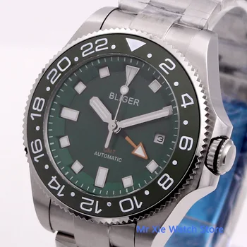 

Bliger 43mm Green Dial Automatic Mechanical Mens GMT Watch Business Luxury Day Date Sapphire Glass Luminous Wristwatch Men