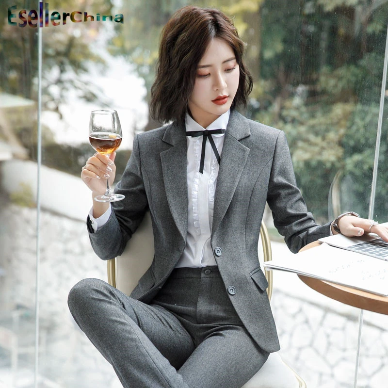 

Novelty Grey Formal Women Business Suits Uniform Designs Pantsuits with Pants and Jackets Coat Ladies Office Trousers Set Blazer