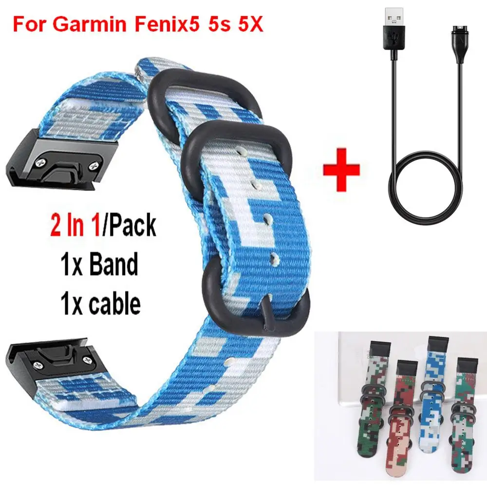 

Hot 20 26 22MM Nylon Watchband for Garmin Fenix 5 5X 5S Band for Quick Release Strap + USB Charger Cable for Garmin Fenix Watch