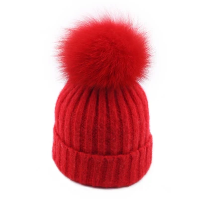 Зимняя женская винтажная вязаная шапка Skullies, женская теплая шерстяная Круглая Шапочка, шапки с настоящим помпон из меха енота Gorro, Лыжные шапки для девочек, новинка - Цвет: Red - Fox Fur