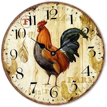 

30cm Rustic Rooster Silent Non Ticking Wall Clock Round Wall Clock Easy to Read Wooden Wall Clocks For Living Room Coffee Bar