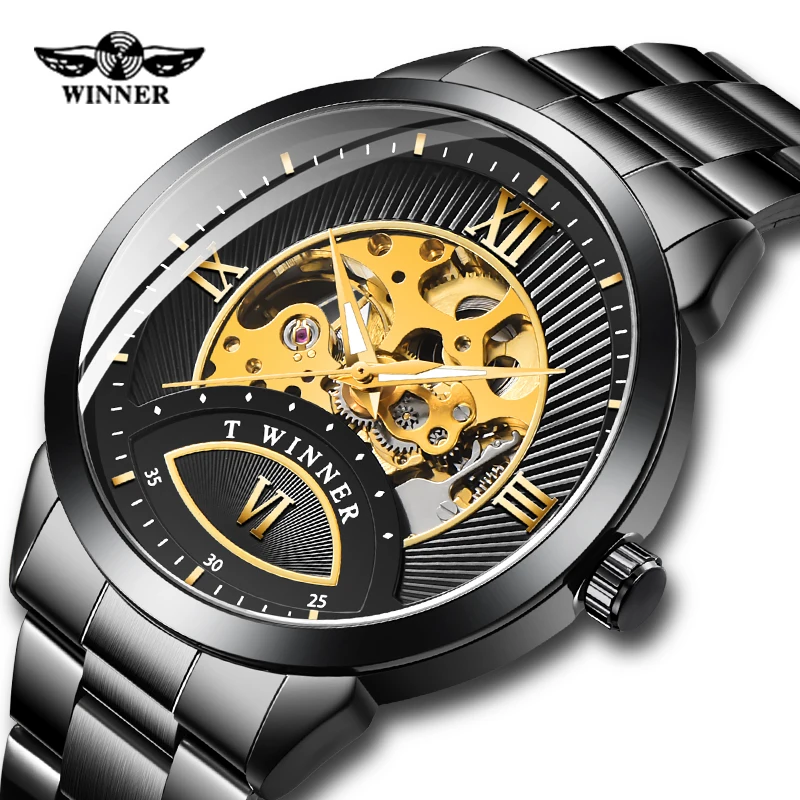 

Mens WINNER Automatic Mechanical Watch Luminous Hand Skeleton Stainless Steel Band Watches Relogio Masculino