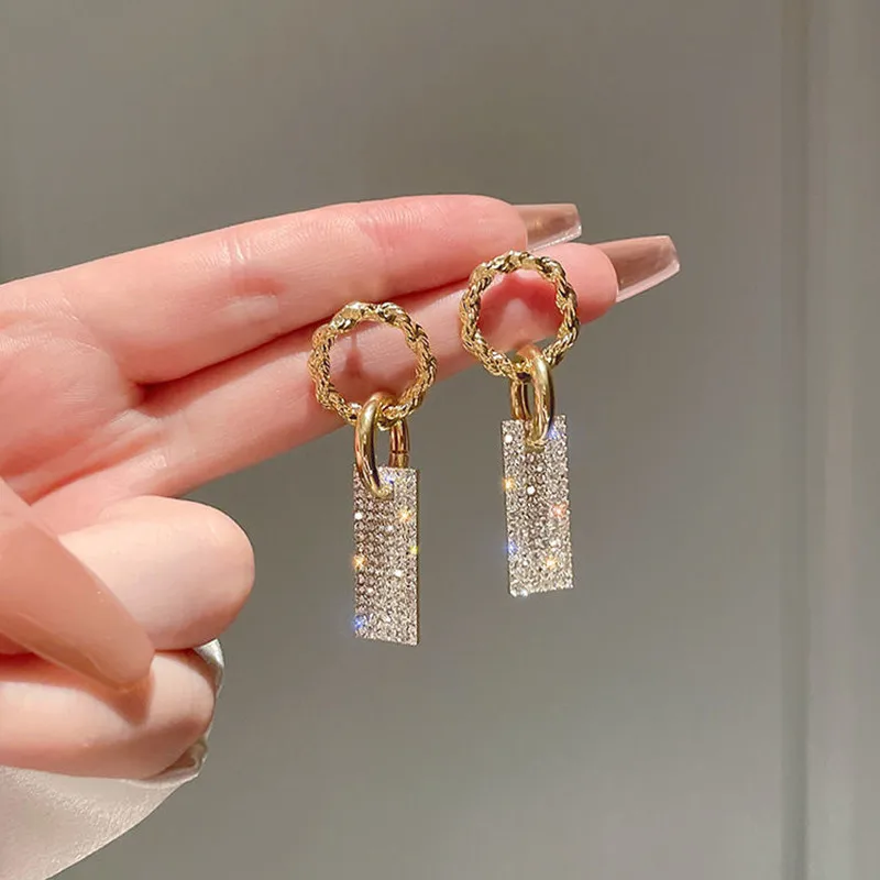 Pendant Earrings Golden Earrings France Style Women's Zircon Square Pendant Earrings Gold Color Round Shiny Earrings For Women Trendy Jewelry