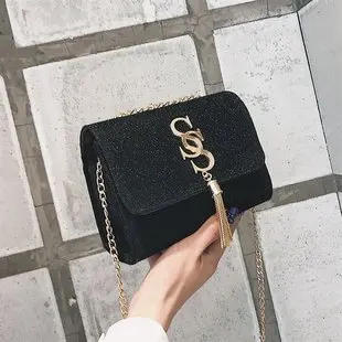 

Double S Velvet Metal Sequins Tassels Square Sling Bag New Style Korean-style Shoulder Cross-body Backpack Flip Bag Women's