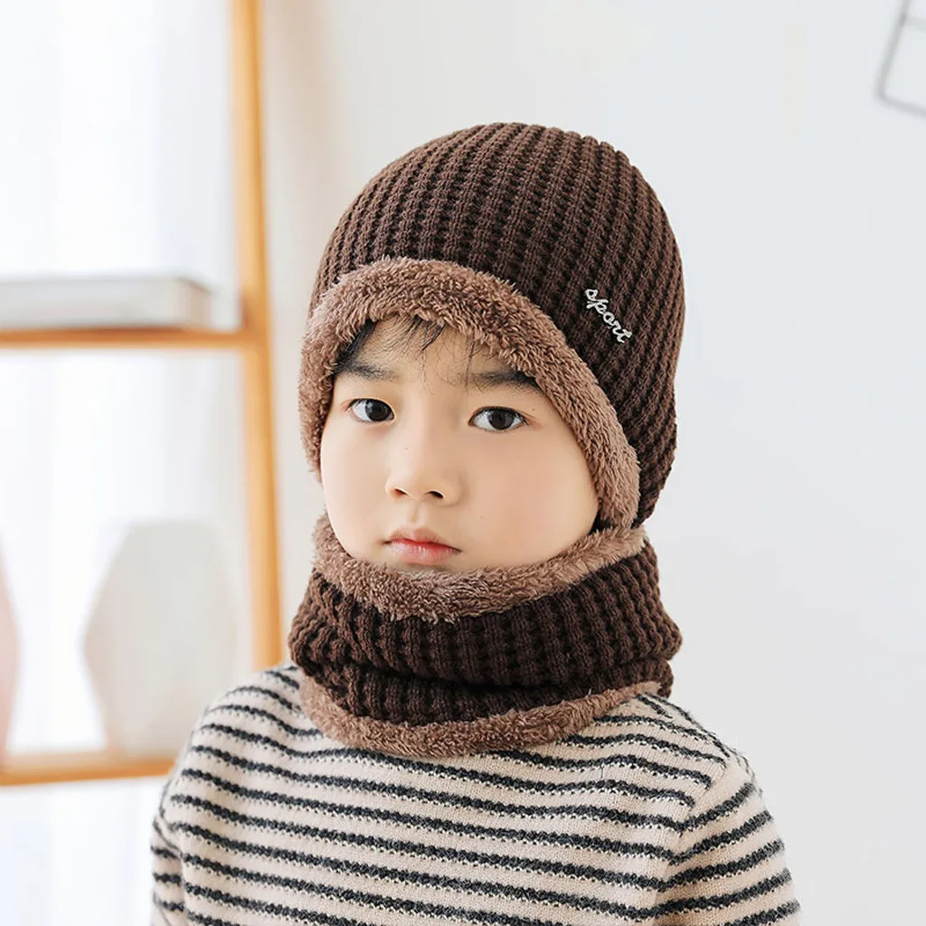 Fleece Contrast Colors Cap Hat Warm Knitted Warm Winter Hats For Kid Hat+Scarf Two Piece Set Toddler Baby Knitted#1022