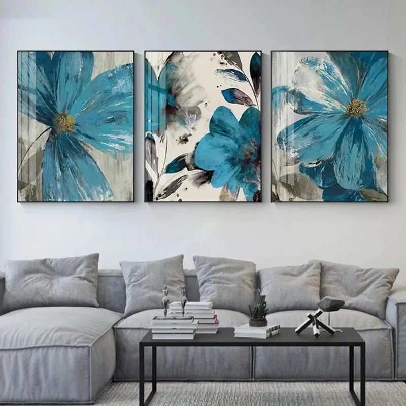 Vintage Blue Paint Flowers Canvas Painting Abstract Poster Blooming Life Stampa Botanica Wall Art Picture Living Room Decoration