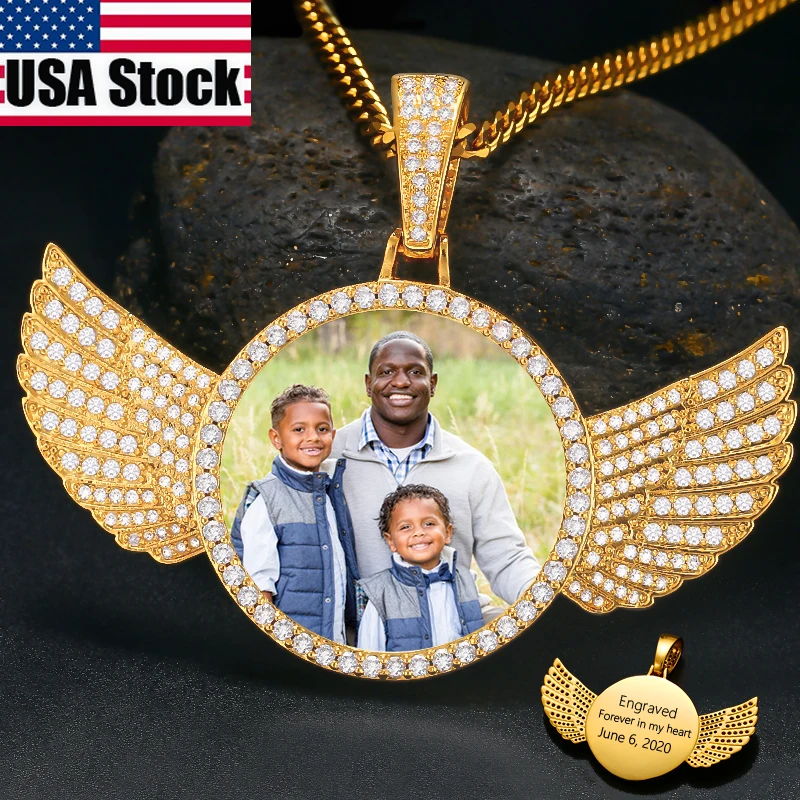 Angel Wings Medallions Custom Photo Pendant Necklace Mens Hip Hop Jewelry Iced Out Zircon Personality Engraved Name Gift | Украшения и