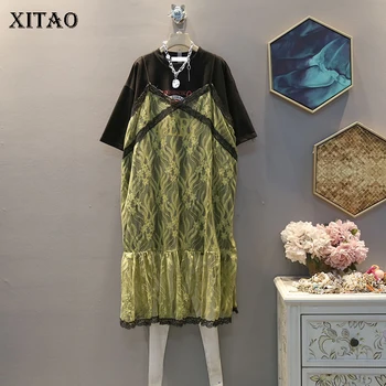 

XITAO Patchwork Lace Pleated Dress Women Clothes 2020 Summer New Pullover Short Sleeve 2 Piece Set Women Elegant Dress ZLL4845