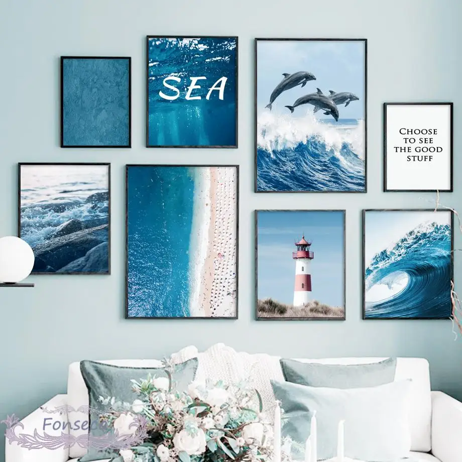 Blue Seascape Canvas Painting Nordic Sea Wave Dolphin Beach Lighthouse Poster E Stampe Wall Art Pictures For Living Room