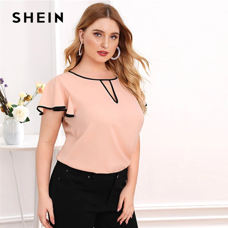 SHEIN/большие размеры, розовая контрастная привязка, рукав-бабочка, Peekaboo, блузка, топ, женская летняя Элегантная блузка с вырезом на спине, большие размеры