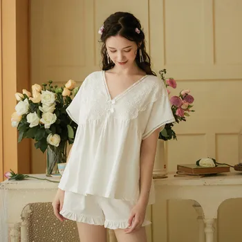 

Summer Short Sleeve Cotton Pajamas Suit Women Pajamas Set Women's/Large Shorts Loose Retro Court Princess Pajama White
