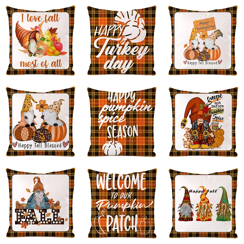 

Plaid Letters Throw Pillow Cover 45*45 cm Thanksgiving Pumpkin Decor Cushion Cover Lovely Pillowcase For Farmhouse Sofa Bed Car