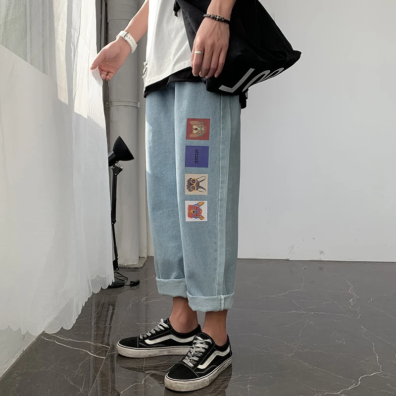 

Autumn Fashion Print Jeans Japan Harajuku Loose Streetwear for Men Plus Size Drawstring Denim Pants Blue Boyfriend Jean Trousers