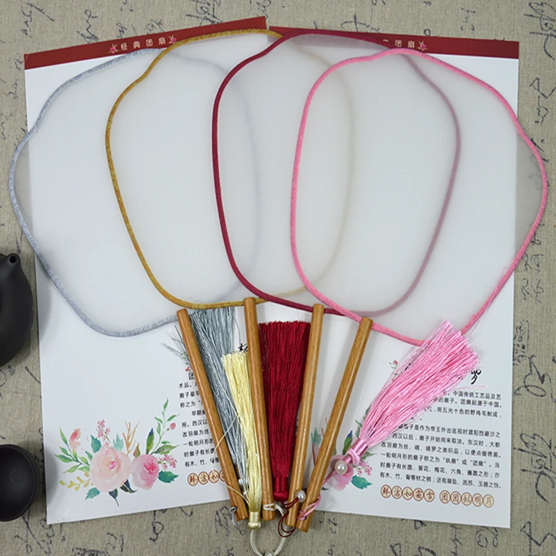 

Color edge White Round Real Silk Fan Birch Lengthen Handle Chinese Blank Hand Fans DIY Embroidery Hand Painting calligraphy