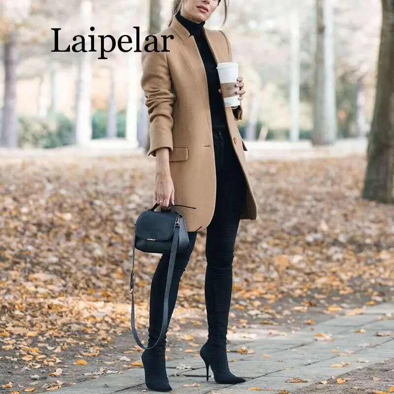 

New Wool Blend Coat 2020 Autumn Casual Woman Slim Long Overcoat Elegant Stand Collar Single Button Female Outwear Trench
