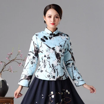 

Chinese Qipao top Winter thick quilted warm long-sleeved Embroidery printing Tang suit winter dress cheongsam jacket Daily wear