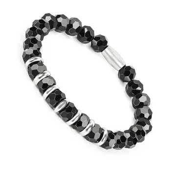 

BOFEE Natural Black Onyx Beads Bracelet Steel String Stretch Hand Chain Hematite Energy Fashion Jewelry For Women Men Lovers