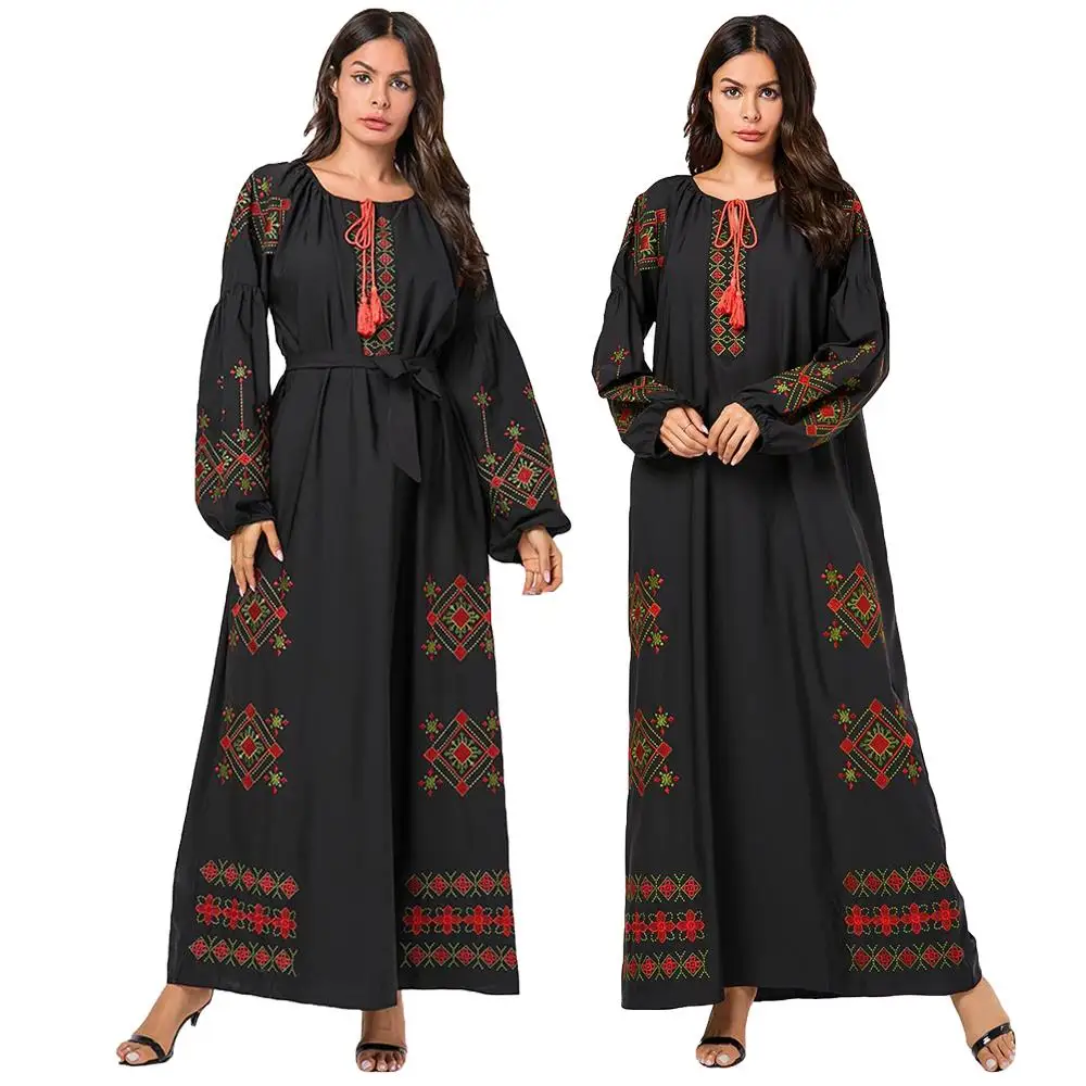 Женское мусульманское abaya кафтан исламское платье из Дубая вышивка свободное платье арабский Свободный шнурок o-образным вырезом с длинным рукавом Мода