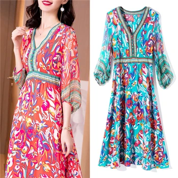 

Vintage Dress New Women Summer Dress Women Chic V Neck Slim Floarl Printed Dress Woman Dress Party Dress Fashion Vestidos SL557