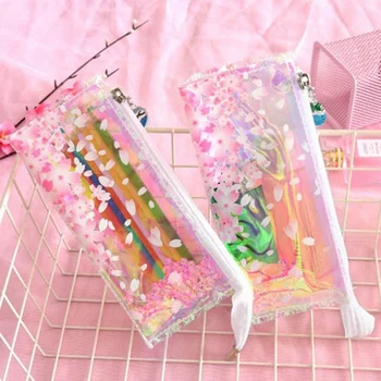 

Pink Shiny Laser Sakura Soft Pencil Case School Supplies Transparent Color Pencil Case Cute Stationery Zipper Storage