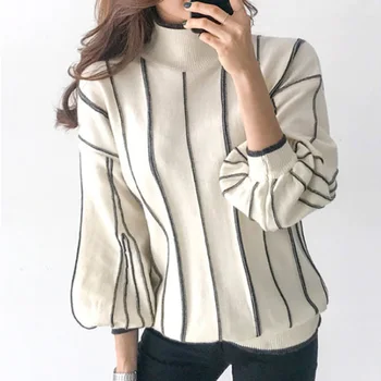 

Korean Knitted Sweater Women Elegant OL White Striped Pullovers Loose Long Sleeve Female Tops Causal Jumper Pull Femme Sping