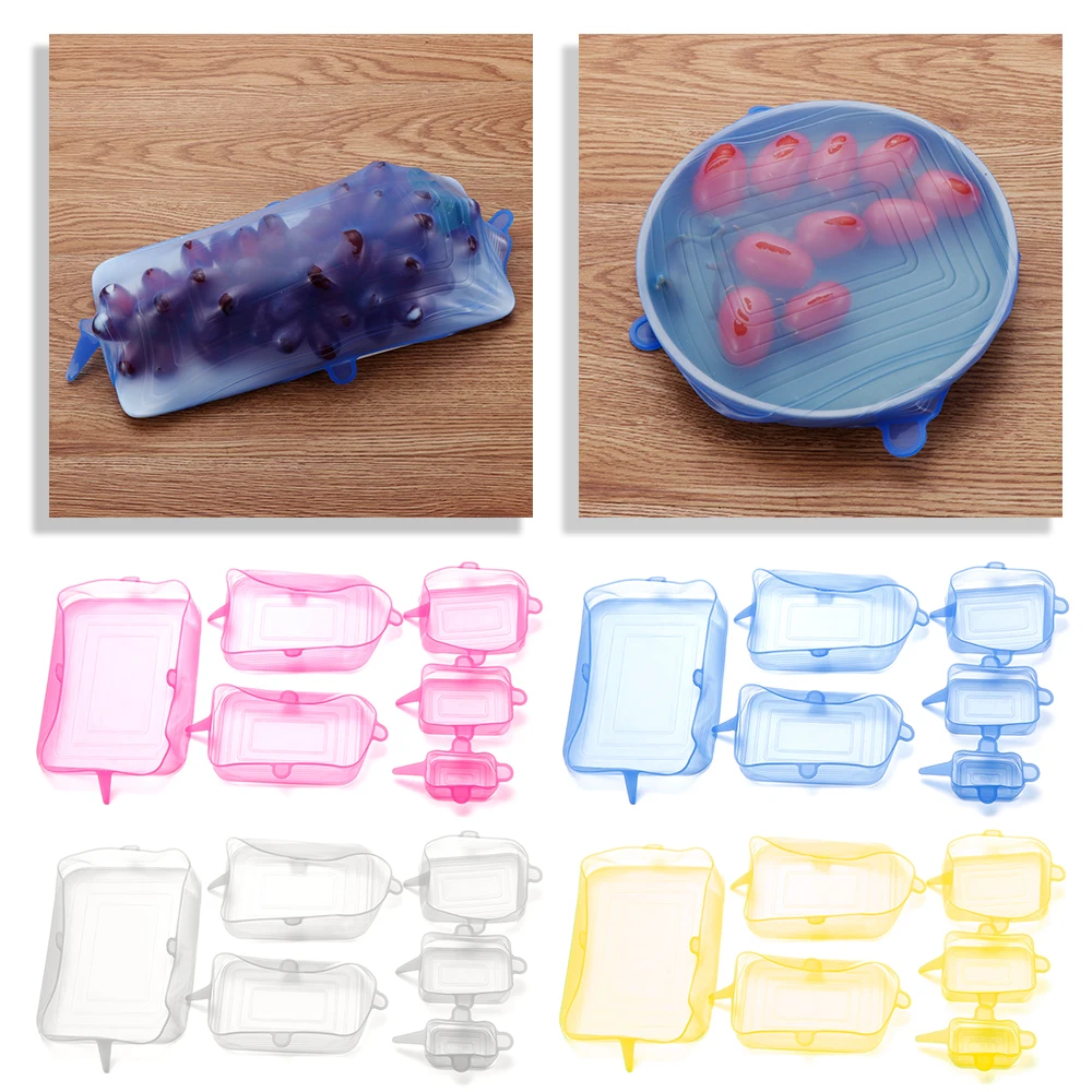 Food Cover 6Pcs Food Grade Silicone Stretch Lids Kitchen Tools Reusable Wrap Sealed Keep Fresh Stretchy Bowl Cover
