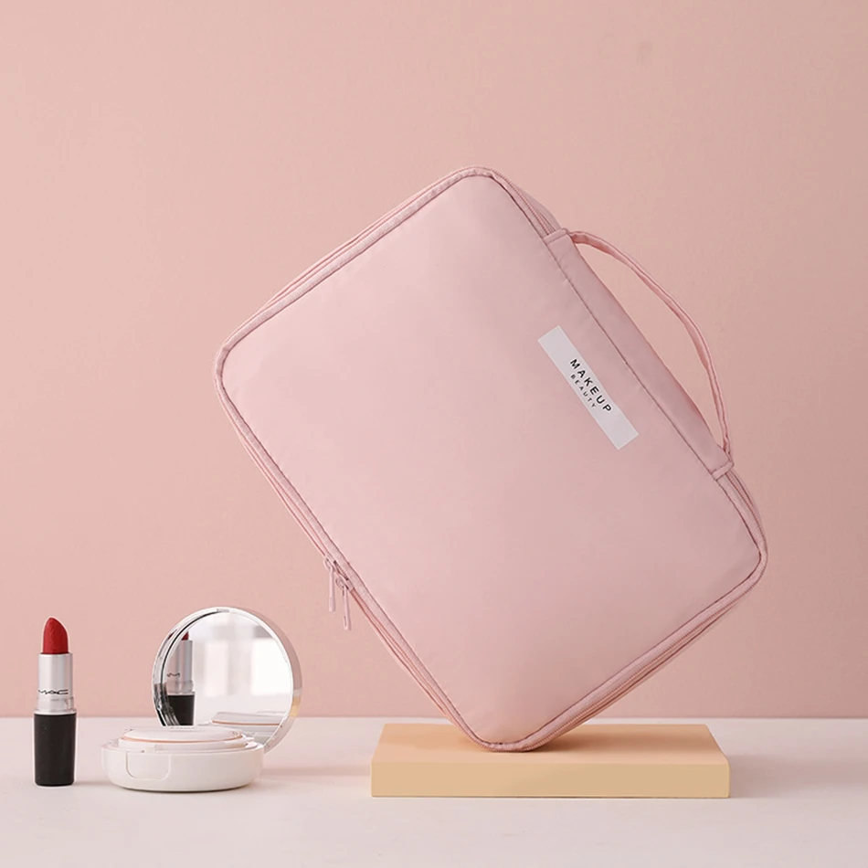 Fashion Portable Solid Color Makeup Bag Cosmetic Storage Organizer Waterproof Grid Women Girl Zipper Wash Beauty Make Up Case