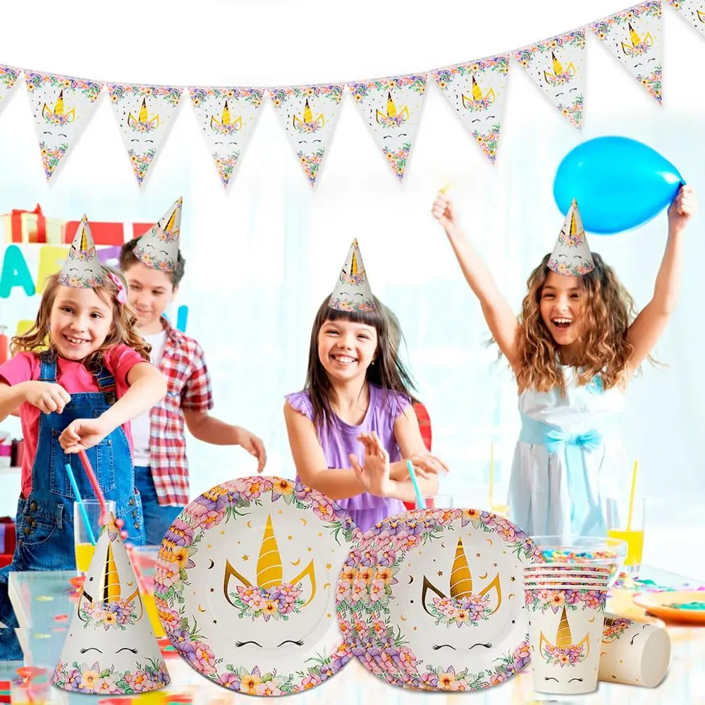 HUIRAN Единорог одноразовая посуда Единорог на день рождения Декор С Днем Рождения Декор для детской вечеринки для девочек и мальчиков