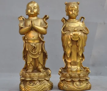 

Chinese folk brass lotus children boy girl pray young Protection of God statue